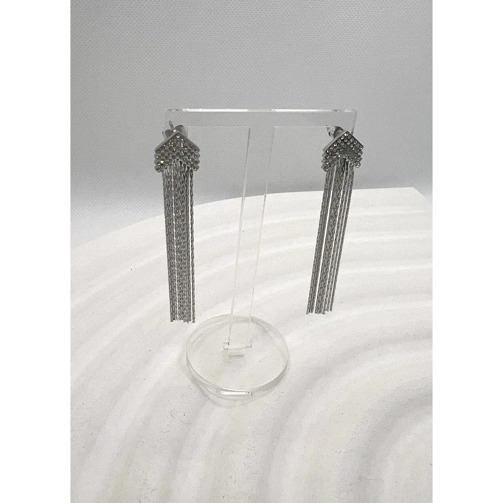 Long‎ earrings with chain fringes and rhinestones.